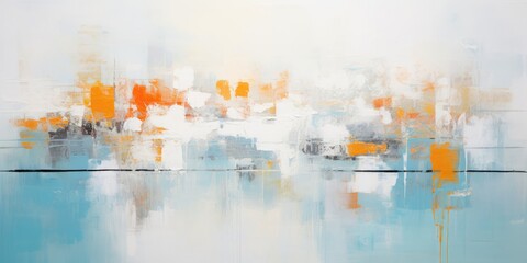 An abstract painting in turquoise, orange, and white, in the style of gray and amber, abstraction-création, faded memories, skillful, scattered composition