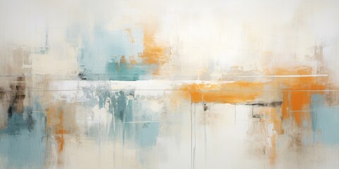 An abstract painting in turquoise, orange, and white, in the style of gray and amber, abstraction-création, faded memories, skillful, scattered composition