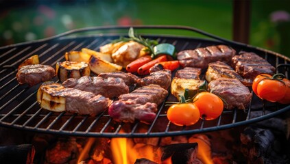 Barbecue grill with fire on nature, outdoor, close up. Assorted delicious grilled meat vegetables on barbecue smoke and flames