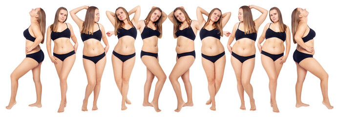 Collage of woman before and after weight loss. Health care concept.