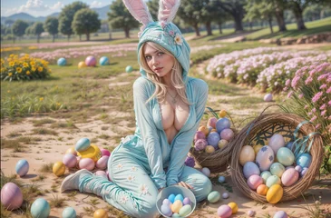 Sexy easter bunny girl wearing bunny ears on a easter egg hunt in the spring © Polarpx
