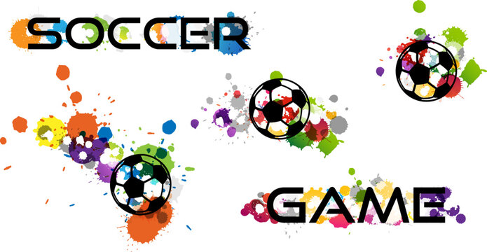 Soccer word, game word, soccer ball silhouette with rainbow paint splashes.