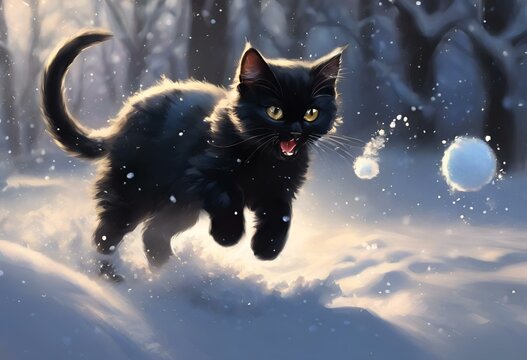 a black cat runs through the snow toward a ball that is upside down