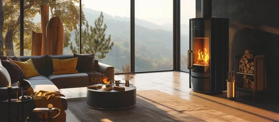Fotobehang Contemporary pellet stove with fiery granules. © AkuAku