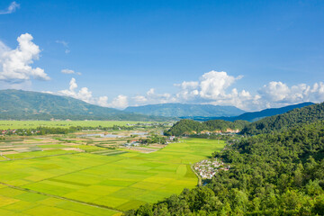 The traditional villages in the middle of the green and yellow rice fields in the valley, Asia,...