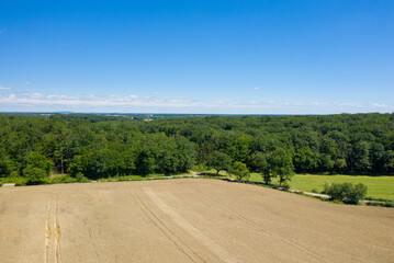 The green countryside with its forests and fields in Europe, France, Burgundy, Nievre, towards Nevers, in summer, on a sunny day.