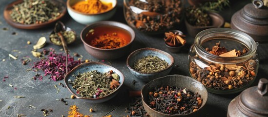 Close-up photo capturing various herbal tea flavors and spices on a table.