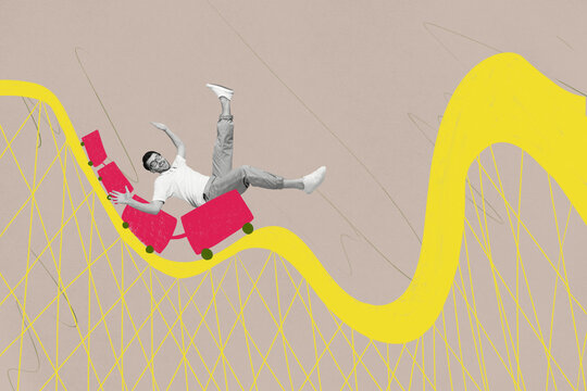 Collage picture of overjoyed carefree mini black white colors guy enjoy riding roller coaster isolated on beige background - Powered by Adobe