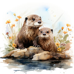 Watercolor Otter Illustration, Generative Ai
