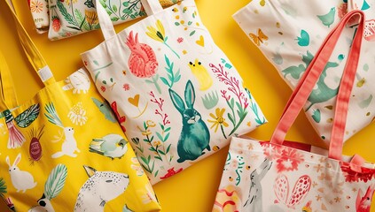Bags with animal prints and Easter motifs in bright colors. The concept of eco-friendly shopping and festive mood.