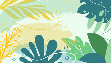 Tropical leaves background vector. Botanical foliage banner design hand drawn colorful for wrappers, wallpapers, postcards, greeting cards, wedding invitations, romantic events
