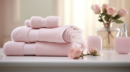  a stack of pink towels sitting on top of a table next to a vase of flowers and a bottle of lotion.