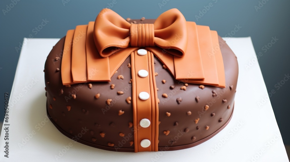Poster a close up of a cake with a large bow on it's top and a polka dot design on the bottom of the cake.