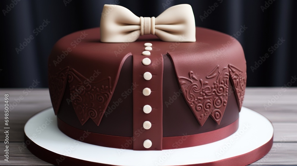 Poster a close up of a cake with a bow tie on top of it on a wooden table with a curtain in the background.