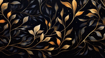  a painting of a tree branch with yellow and brown leaves on a black background with stars in the night sky.