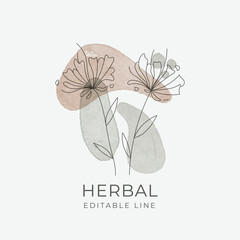 Flower Editable line art Design. Natural organic herbal label for Cosmetics, Pharmacy, healthy food