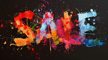 The word Sale made of colorful paint splash on black background. Art season of sales and discounts. - obrazy, fototapety, plakaty