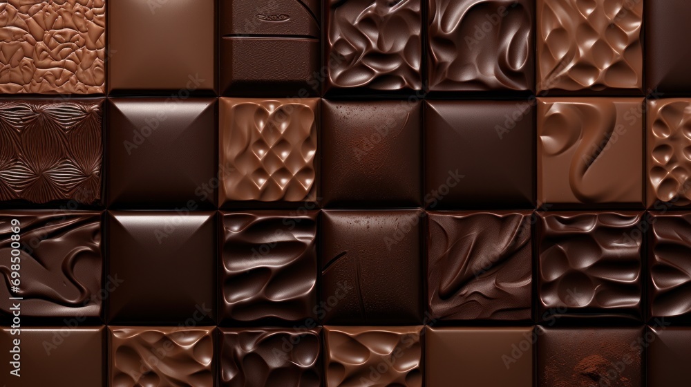 Poster a close up of a chocolate wall made up of squares and rectangles of different shapes and sizes of ch