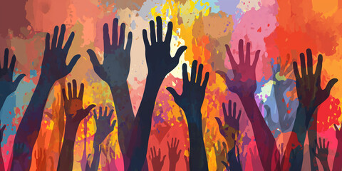Viele Hände im bunten Licht halten nach oben für die Party als Zeichnung und Grafik im Querformat für Banner, ai generativ
