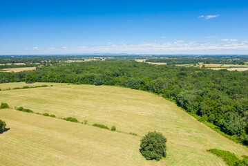 Obraz premium The green countryside with its forests and fields in Europe, France, Burgundy, Nievre, towards Nevers, in summer, on a sunny day.