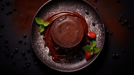  a piece of chocolate cake sitting on top of a plate with chocolate sauce and strawberries on top of it.
