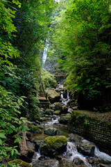 Wooded trails to Shasui Falls, a 3-tier waterfall in Yamakita, Kanagawa, Japan.