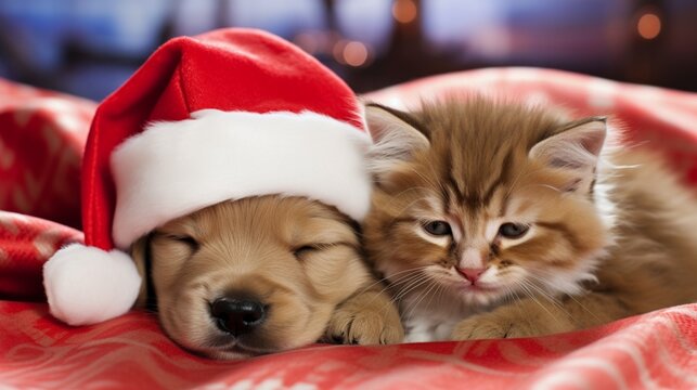 A delightful image of a happy kitten and a puppy snuggled together on a cozy blanket, both wearing red Santa hats, as they eagerly await the arrival of Christmas morning.