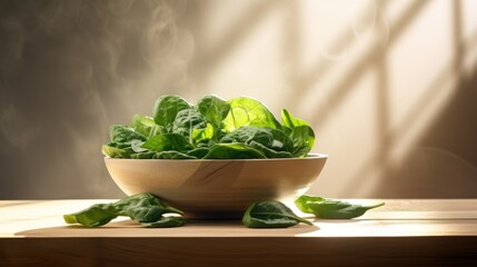  a bowl filled with lettuce sitting on top of a wooden table next to a shadow of a wall.