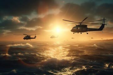 military war helicopters over the ocean