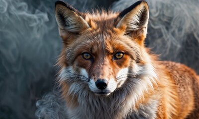 Obraz premium frontal portrait of a fox in the smoke