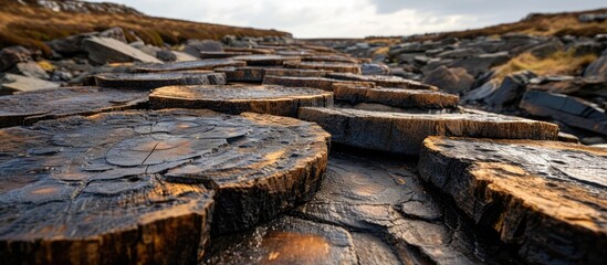 Drying peat slices on the Isle of Lewis and Harris in the outer Hebrides, used for heating. - obrazy, fototapety, plakaty