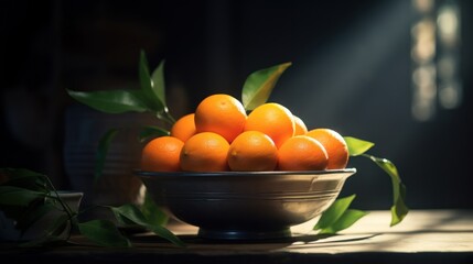  a bowl filled with oranges sitting on top of a table next to a green leafy plant on top of a wooden table.