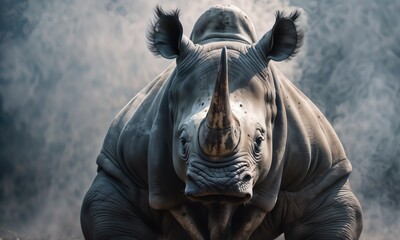 frontal portrait of a rhinoceros in the smoke