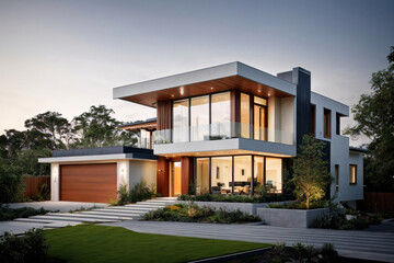 Fototapeta na wymiar A modern eco friendly luxurious house with yard, exterior design