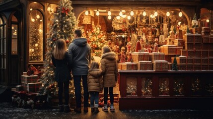 caucasian family shopping at christmas market