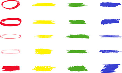 Obraz premium Highlight brush underline yellow, red, orange, green, blue highlighter strokes on transparent background. Grunge freehand watercolor ink pencil marks. Stroke highligher color set. Marker pen highlight