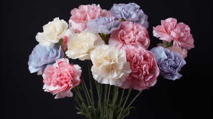  a bunch of pink, white, and blue carnations are in a vase on a black tablecloth.
