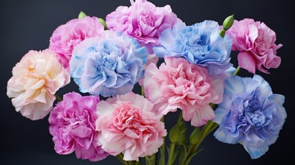  a bouquet of pink, blue, and purple carnations in a glass vase on a black background with a black background.