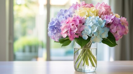  a glass vase filled with colorful flowers on top of a wooden table in front of a window with a sliding glass door.