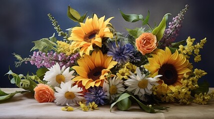  a bouquet of sunflowers, daisies, and other wildflowers sits on a cloth covered table.