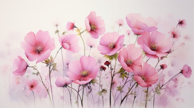  a painting of pink flowers on a white background with pink watercolors on the bottom and bottom of the image.