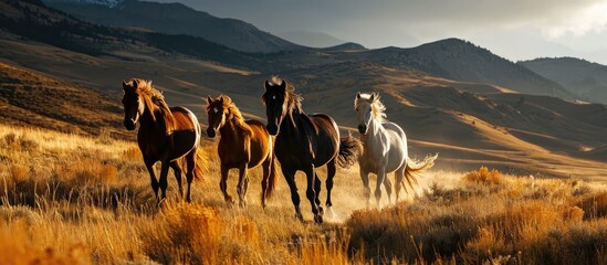 Five horses roam wild on prairies.