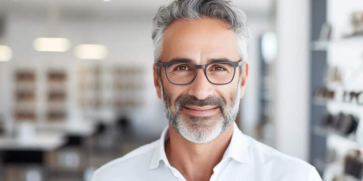 Optiker steht im Laden