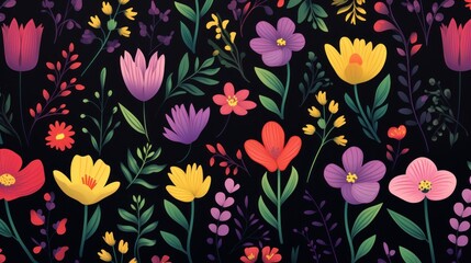  a bunch of colorful flowers that are on a black background with red, yellow, purple, and green leaves.