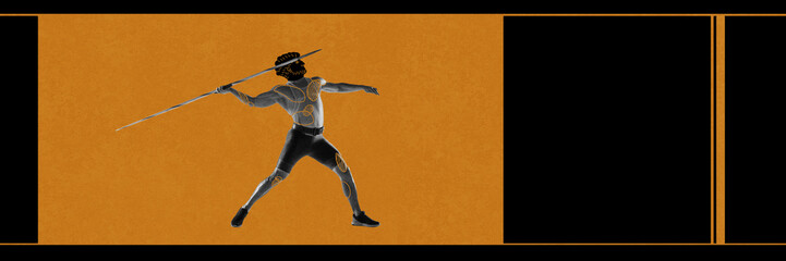 Strong muscular young man, athlete practicing, throwing javelin over orange black background....