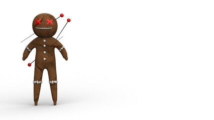 Black magic voodoo doll with pins 3d render illustration for Halloween decoration