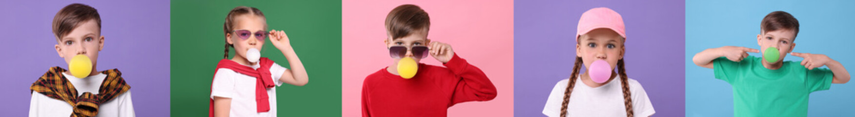 Cute children blowing bubble gums on color backgrounds, set of photos