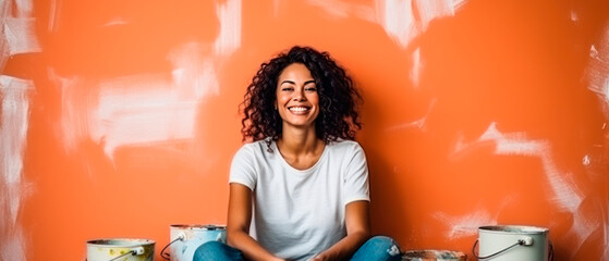 A happy young woman is making repairs in her home. Sits against the background of repairs and cans of paints. copy space