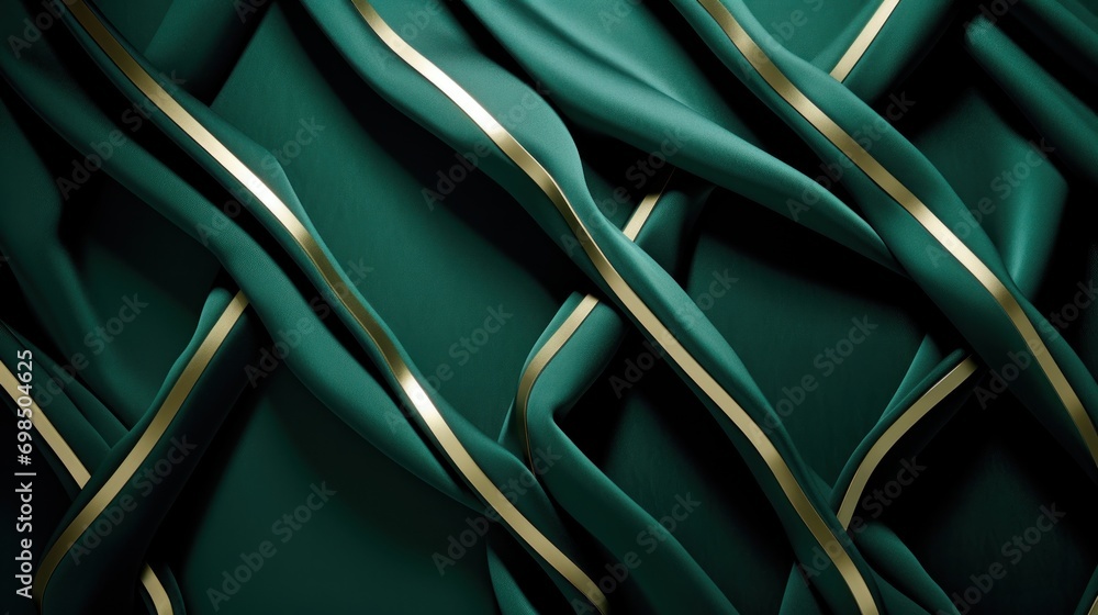 Poster a close up view of a green fabric with gold lines on the side of it and a green and gold stripe on t