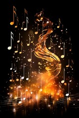 Musical glowing fire black and gold abstract notes light shimmering dark background